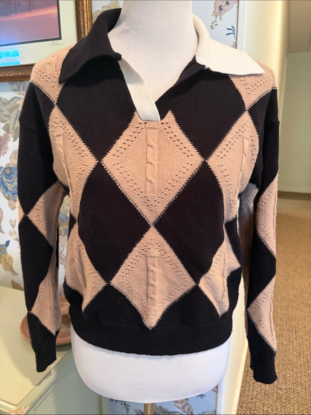 Nancy Yang Argyle Collared Polo Sweater with Cable Knit Detail